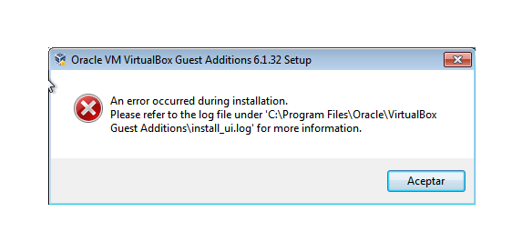 Error durante la instalación de las Guest Additions.