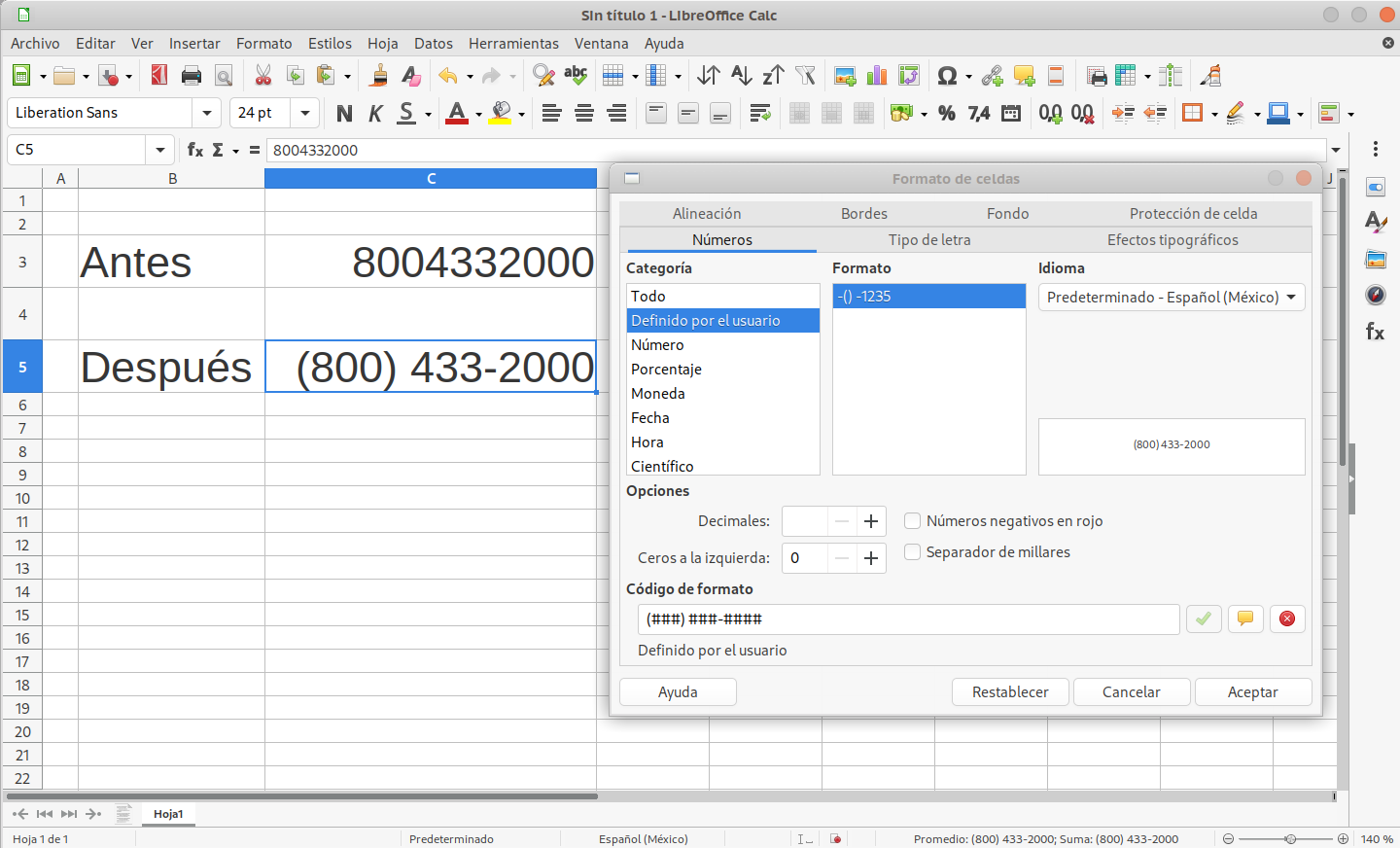 Formato de celdas en Libreoffice Calc