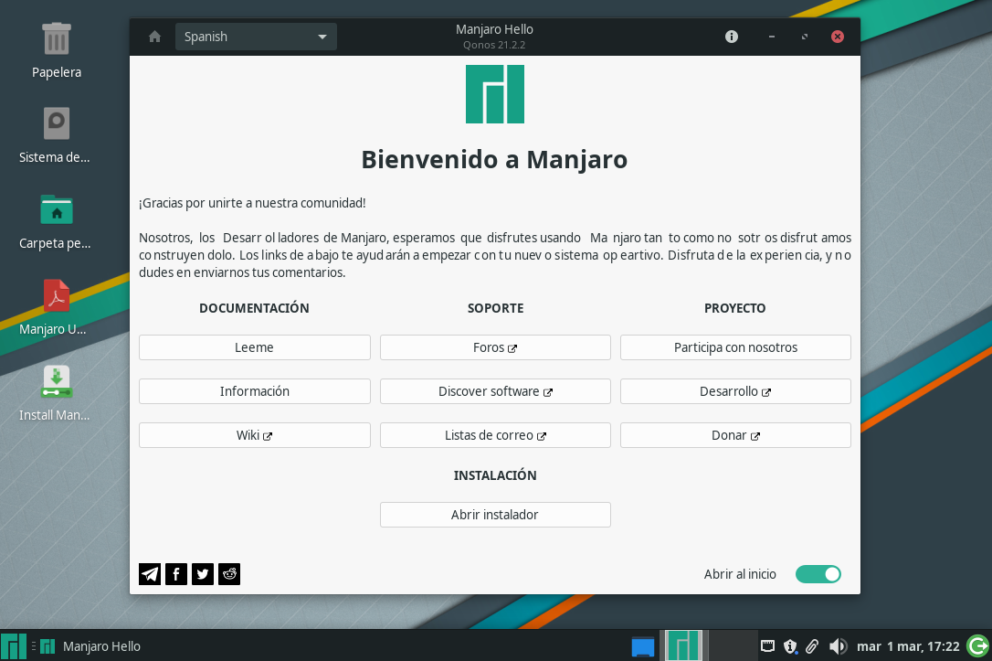 Mensaje de bienvenida a Manjaro.