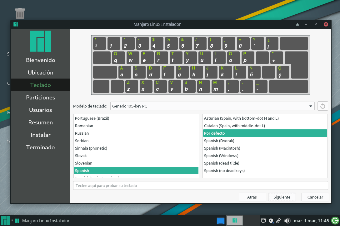 Configuración de la distribución del teclado.