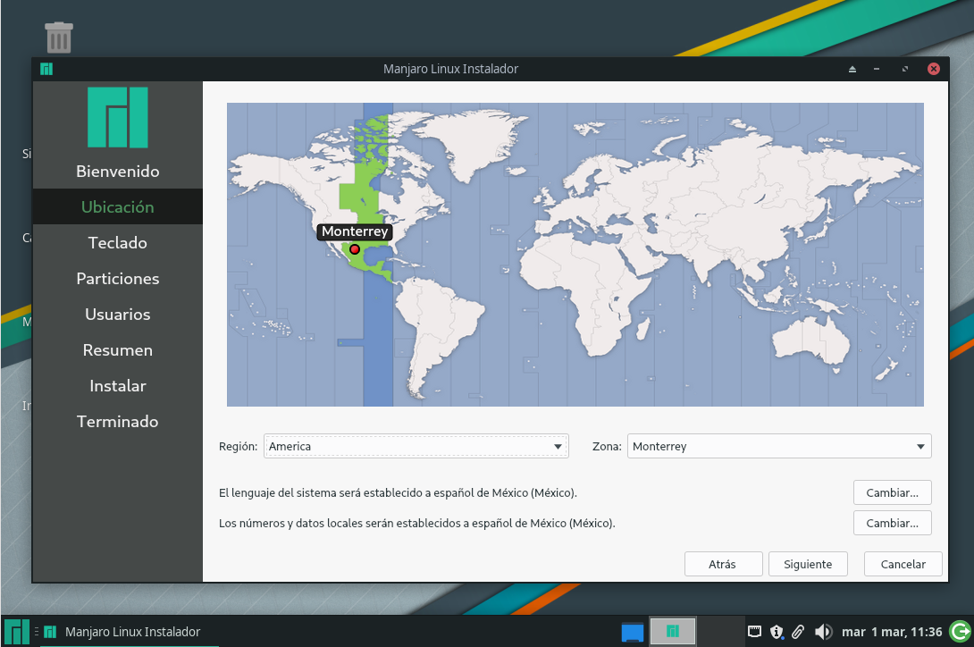 Selección de la ubicación y uso horario.