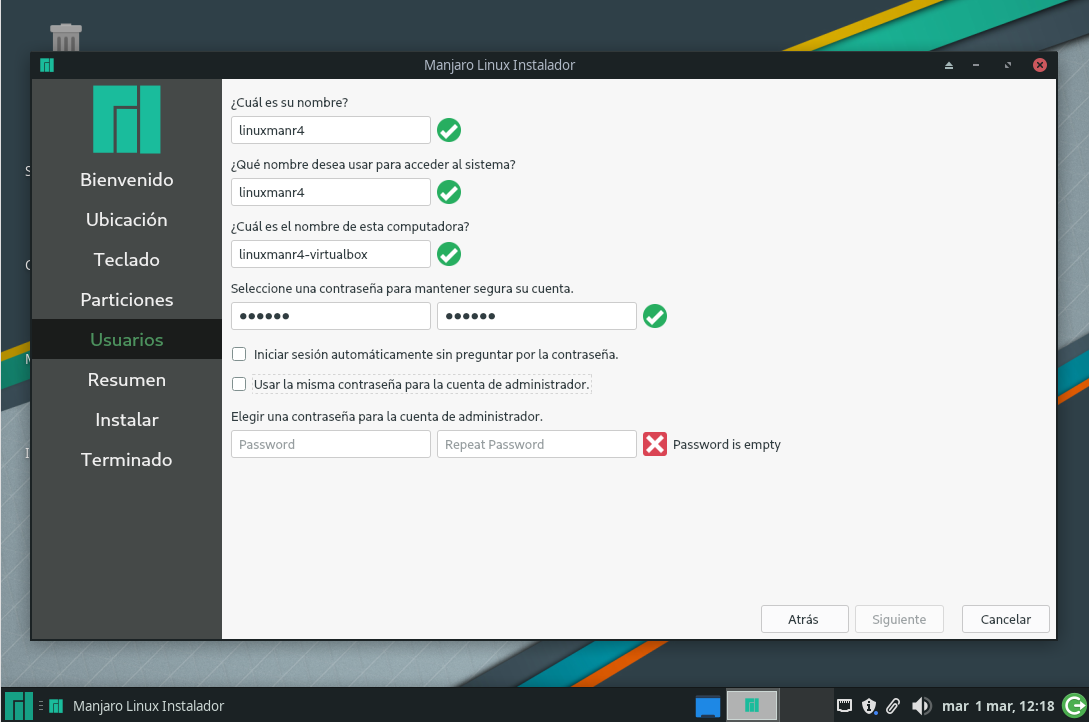 Configurando el primer usuario.