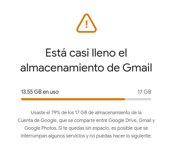 Advertencia de almacenamiento casi llego de Gmail.