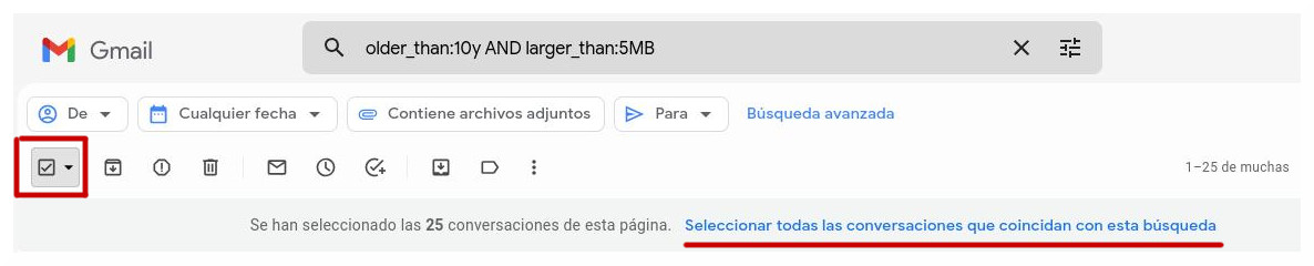 Selección para borrar los correos de Gmail.