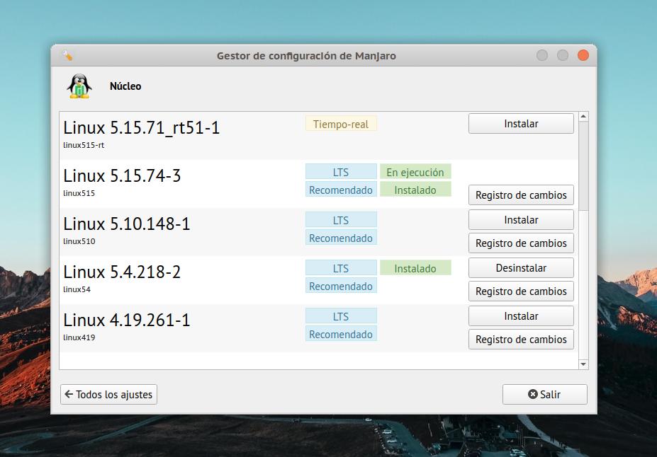 Kernels disponibles en Manjaro - octubre 2022.
