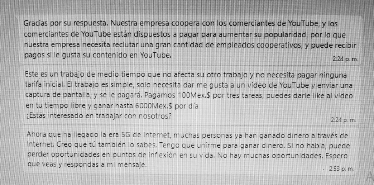 Mensajes de estafa por whatsapp.