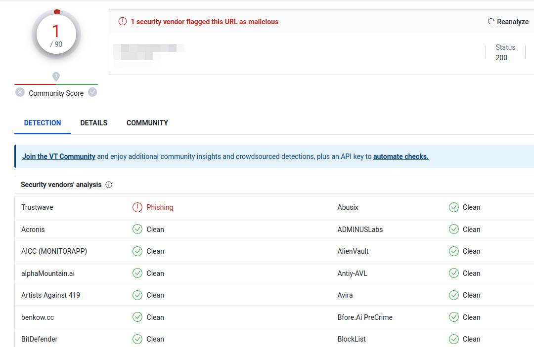 Reputación del URL sospechoso en Virustotal.