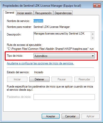 Estado del servicio Sentinel LDK License Manager.
