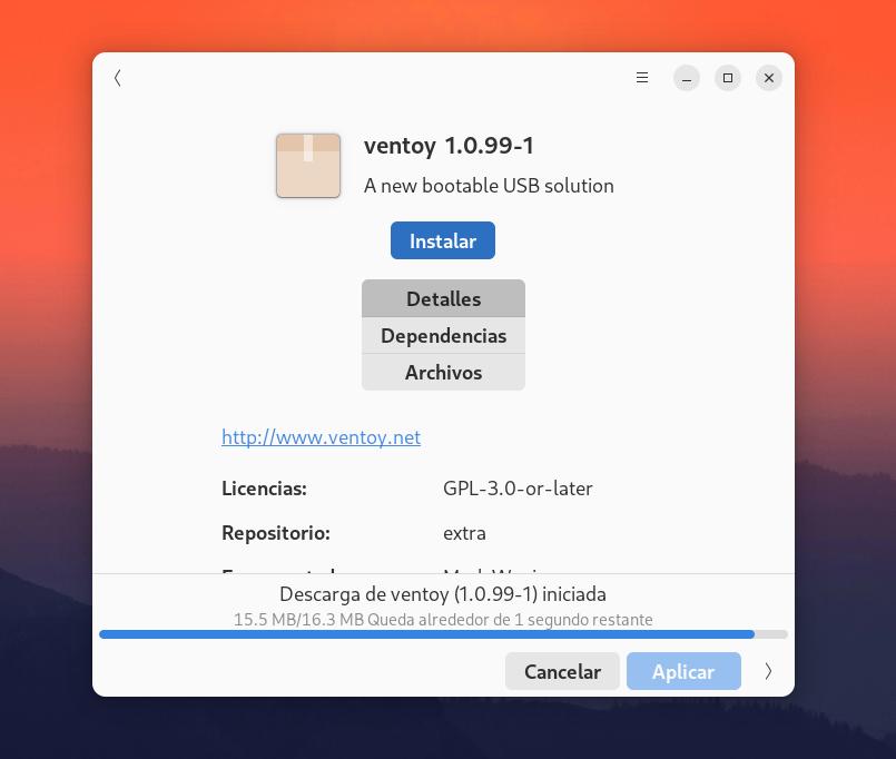 Instalando Ventoy con la herramienta de Añadir Quitar Software de Manjaro.