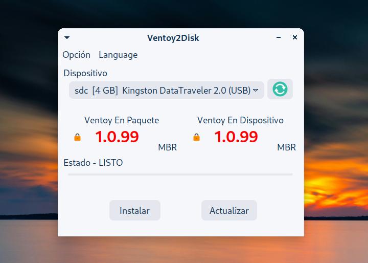 La herramienta Ventoy2Disk para crear una USB con Ventoy.
