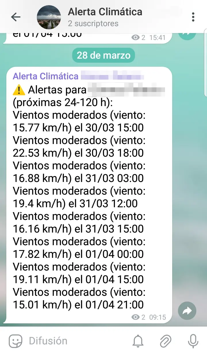 Notificación al canal de telegram del programa.