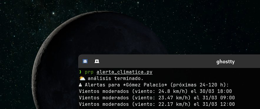 Resultados del programa en la terminal informando las alertas climáticas que encontró.
