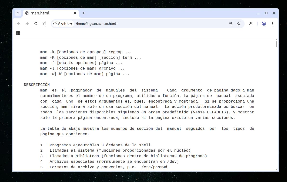 El resultado del comando man man en html.