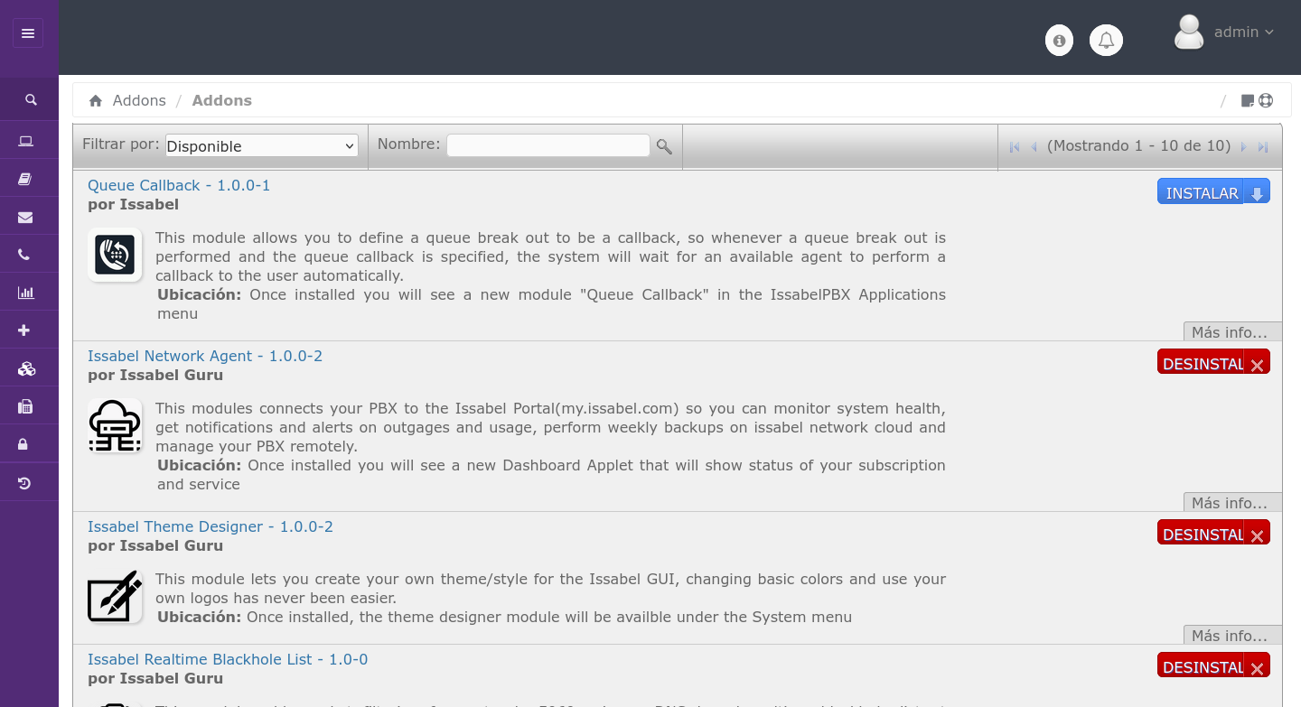 Lista de addons instalados y disponibles en Issabel