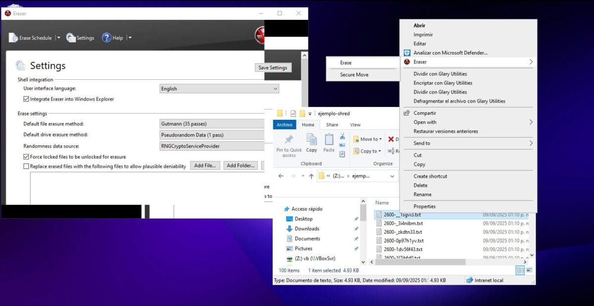 Ejecutando Eraser desde el menú contextual de Windows.